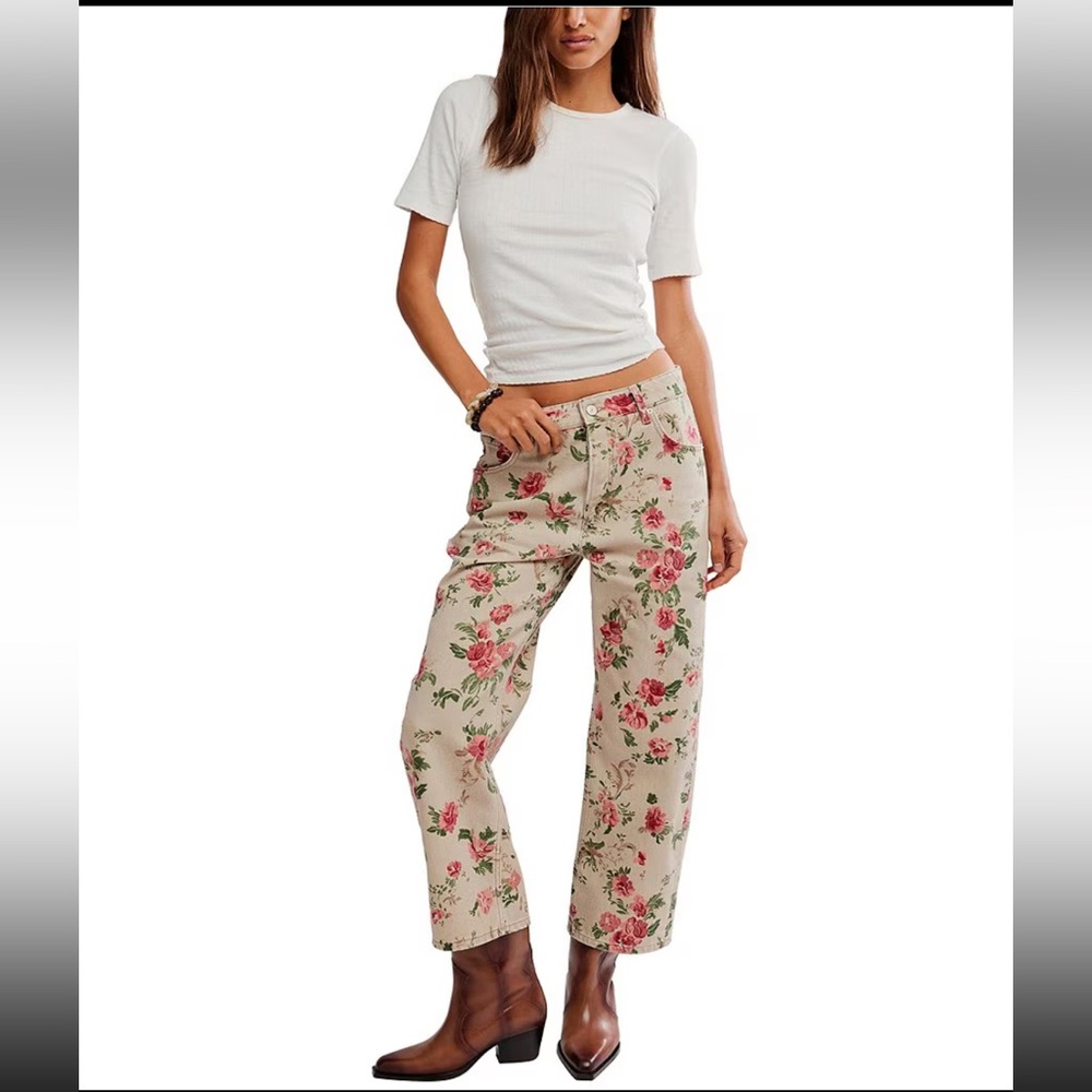 Free People Deep Trance Floral Wide Leg Ankle Jeans NWT
